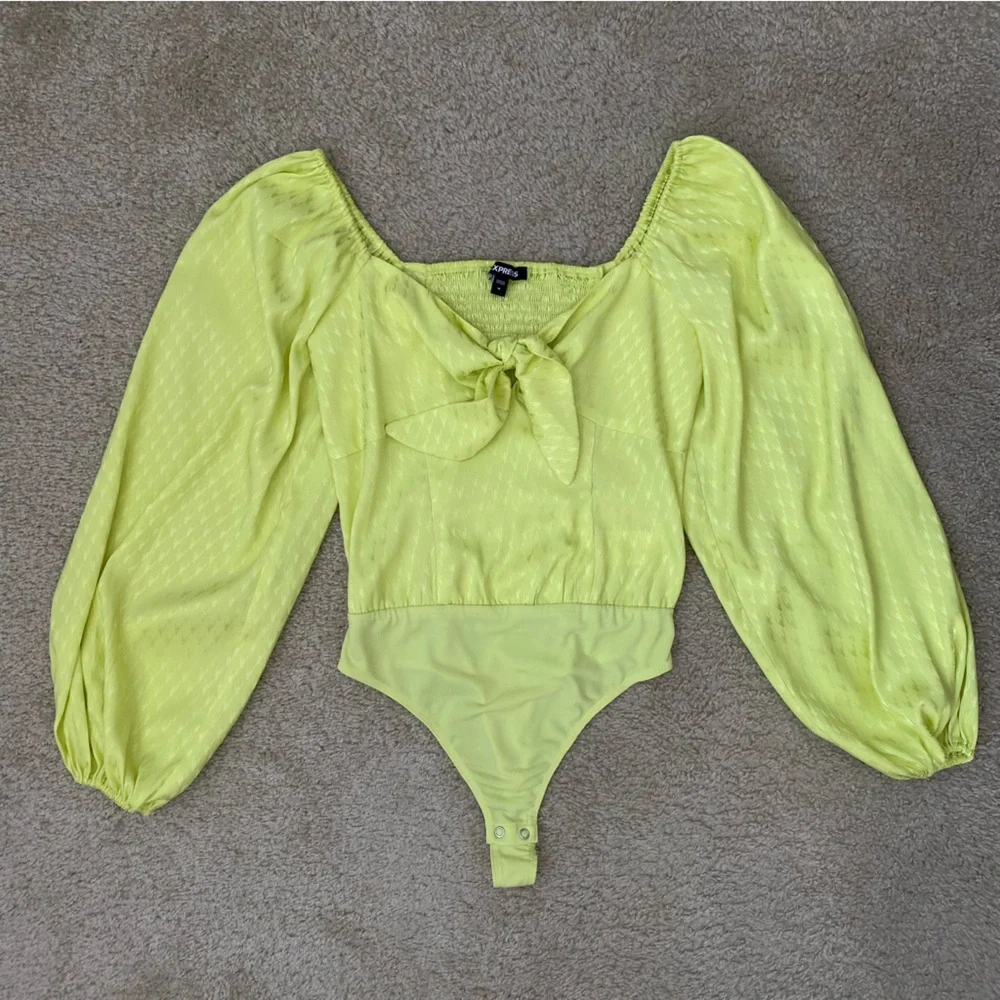 Express Medium Green Yellow Long Sleeve Blouse Bodysuit - Picture 2 of 8